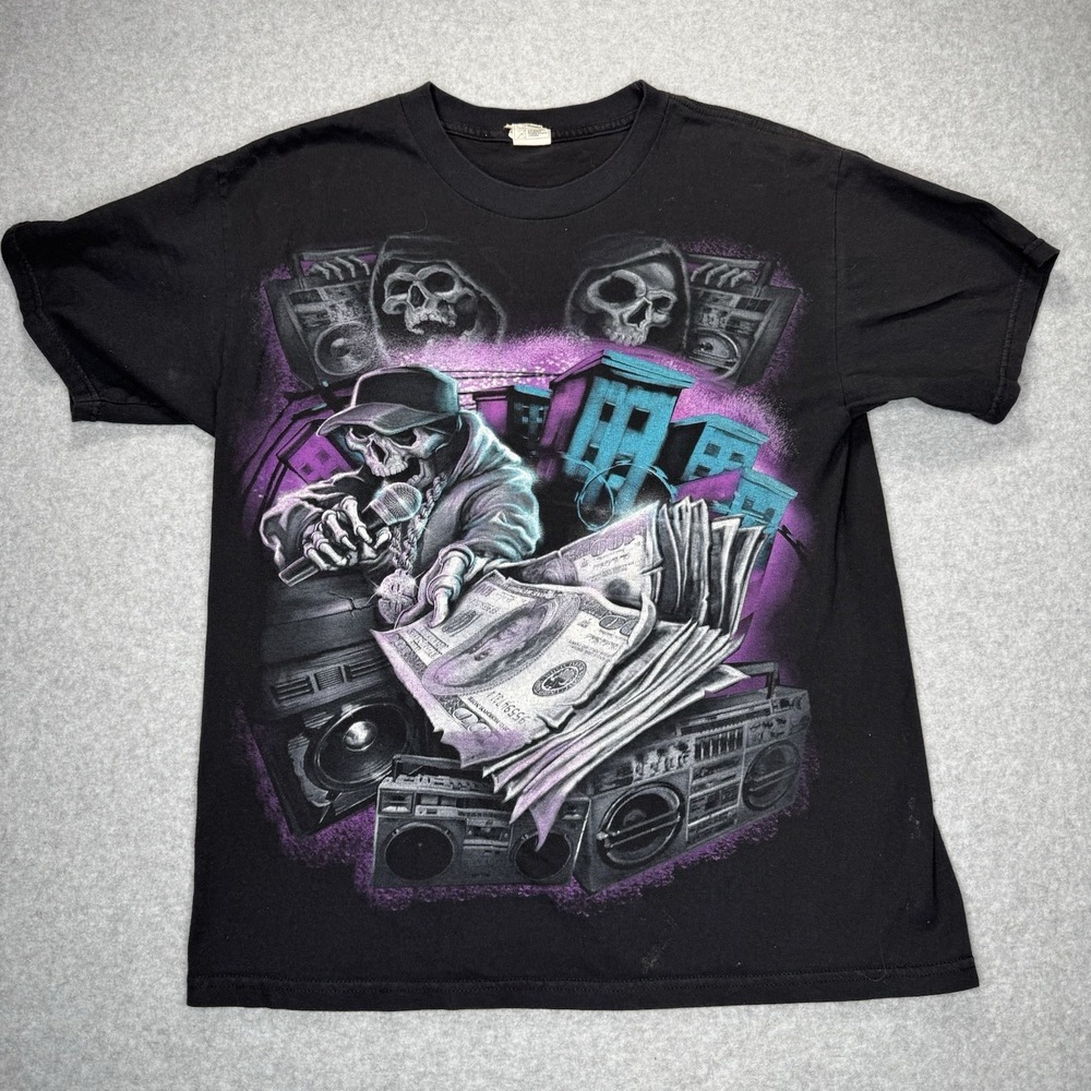 VTG Y2K Skeleton DJ Dark Gangta Rap T-Shirt Size Large AAA Tag Goth Emo Rapper